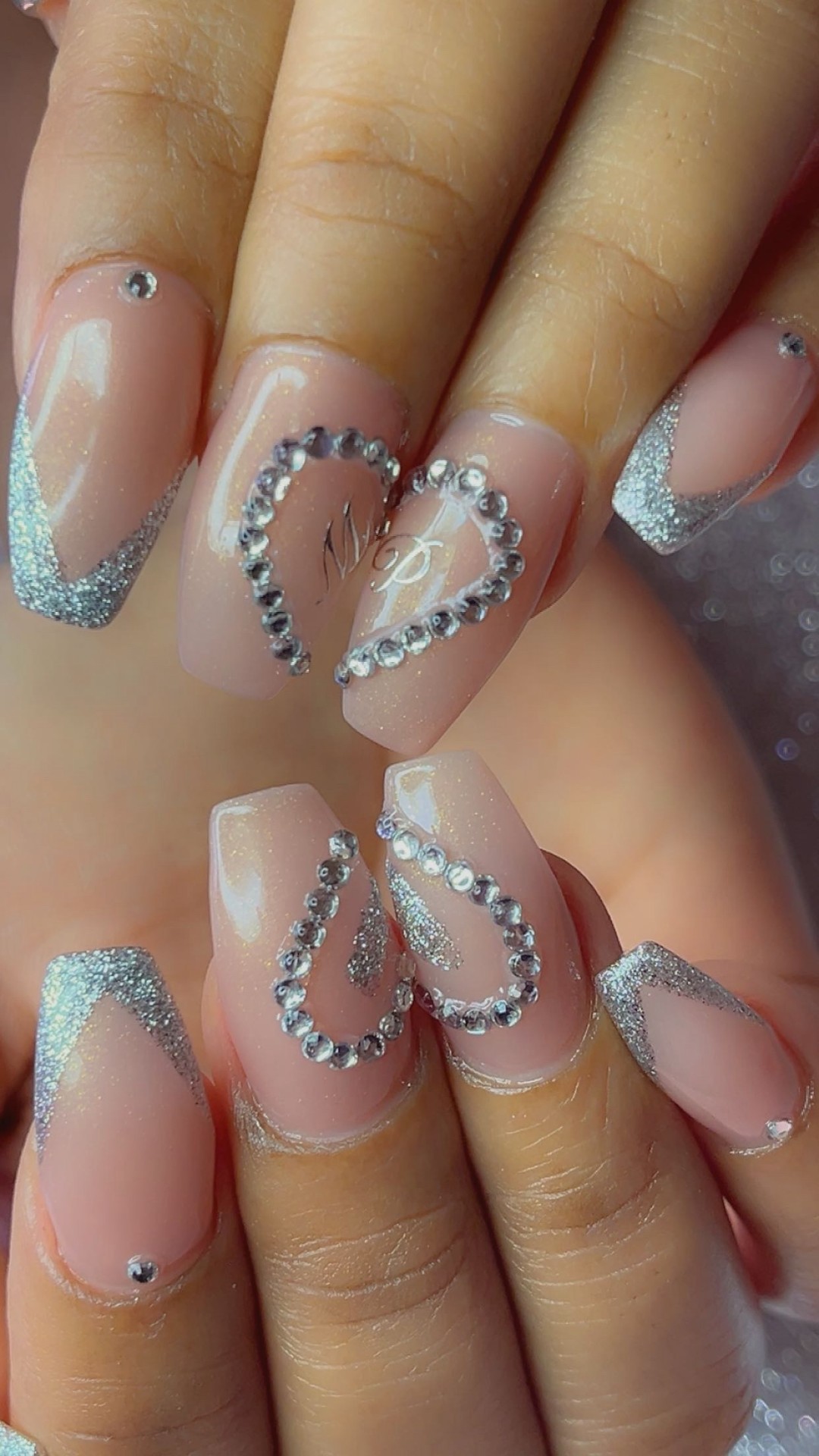 Silver glitter tips with crystal heart accent